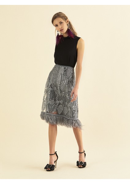 İşlemeli Tüy Detaylı Etek Gri K1915071_004