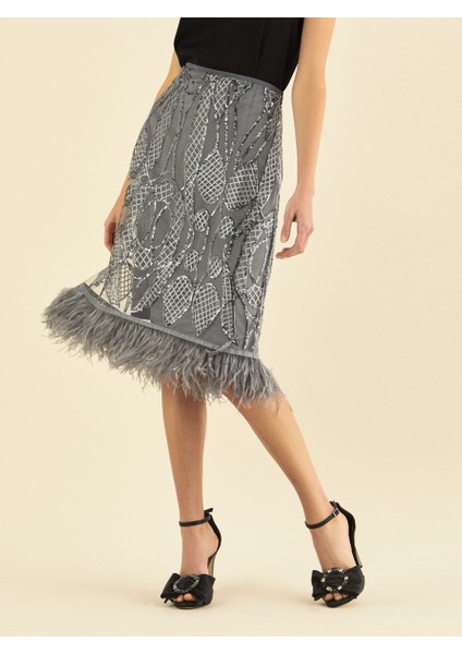 İşlemeli Tüy Detaylı Etek Gri K1915071_004 fiyatları