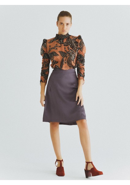 %100 İpek Büzgü Detaylı Etek Mürdüm K2015083_007