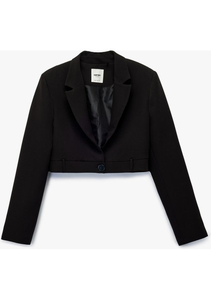 Uzun Kollu Düğmeli Geniş Yaka Crop Blazer Ceket