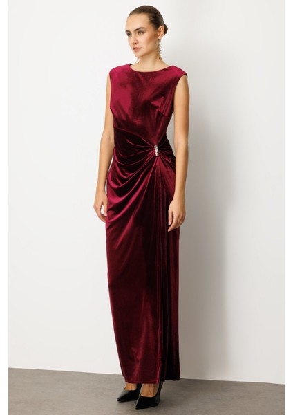 Beli Büzgülü Maxi Kadife Elbise modelleri