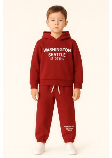 Kırmızı Washington Seattle Yazılı Kapüşonlu 3 Iplik Şardonlu Çocuk Eşofman Takımı – Pamuklu Kumaş, Kışlık