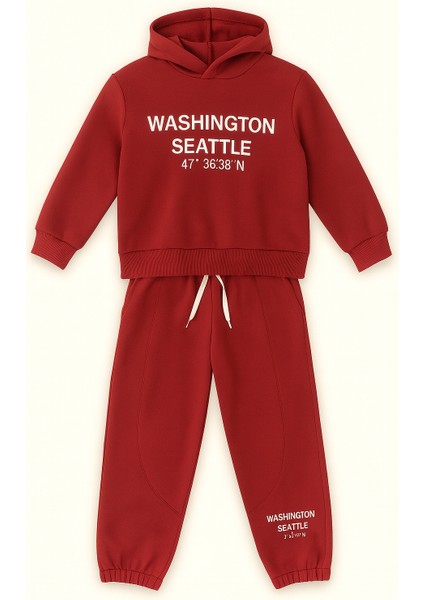 Kırmızı Washington Seattle Yazılı Kapüşonlu 3 Iplik Şardonlu Çocuk Eşofman Takımı – Pamuklu Kumaş, Kışlık fiyatları