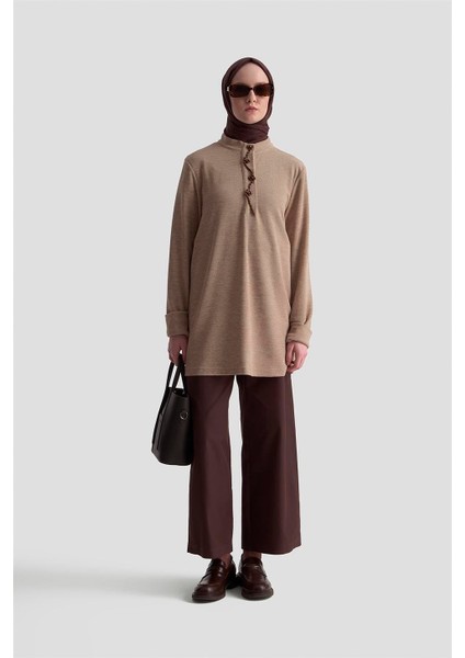 Boncuk Işlemeli Örme Tunik 25KD9021 Bej