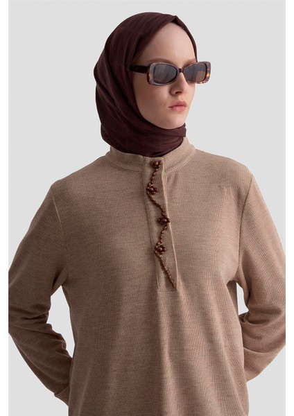 Boncuk Işlemeli Örme Tunik 25KD9021 Bej modelleri