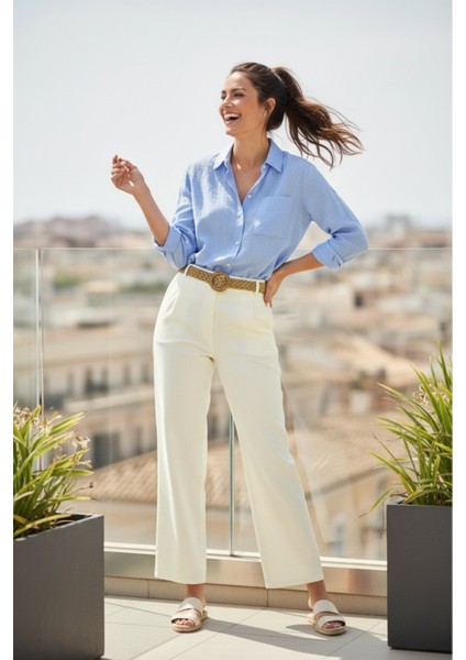 Kadın Havuç Kesim Kemerli Kanvas Açık Krem Pantolon