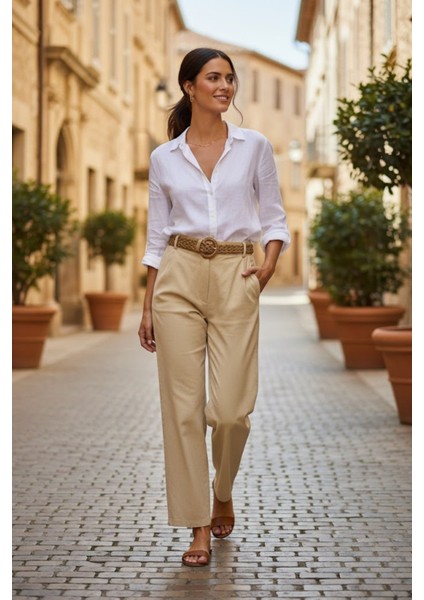 Kadın Havuç Kesim Kemerli Kanvas Açık Krem Pantolon