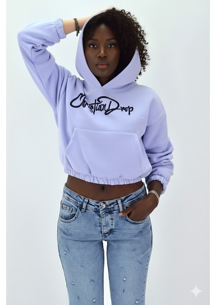 Kadın Neon Christian Drop Yazılı Kapüşonlu Crop Kesim Lila Sweatshirt Nakış Işlemeli