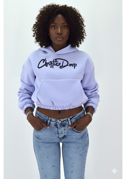 Kadın Neon Christian Drop Yazılı Kapüşonlu Crop Kesim Lila Sweatshirt Nakış Işlemeli fiyatları