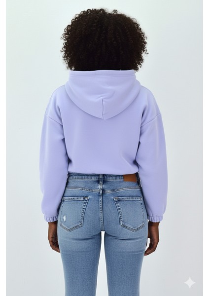 Kadın Neon Christian Drop Yazılı Kapüşonlu Crop Kesim Lila Sweatshirt Nakış Işlemeli modelleri