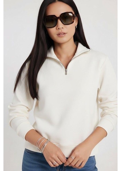 Kadın 3 Iplik Şardonlu Yarım Fermuarlı Krem Sweatshirt – Içi Pamuklu Kalın Kumaş, Tam Kalıp Rahat Model