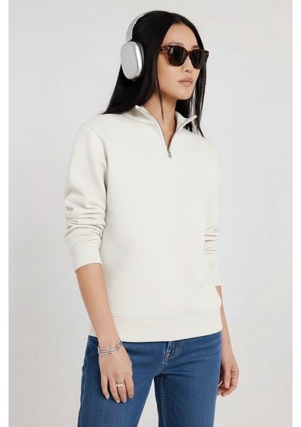 Kadın 3 Iplik Şardonlu Yarım Fermuarlı Krem Sweatshirt – Içi Pamuklu Kalın Kumaş, Tam Kalıp Rahat Model fiyatları