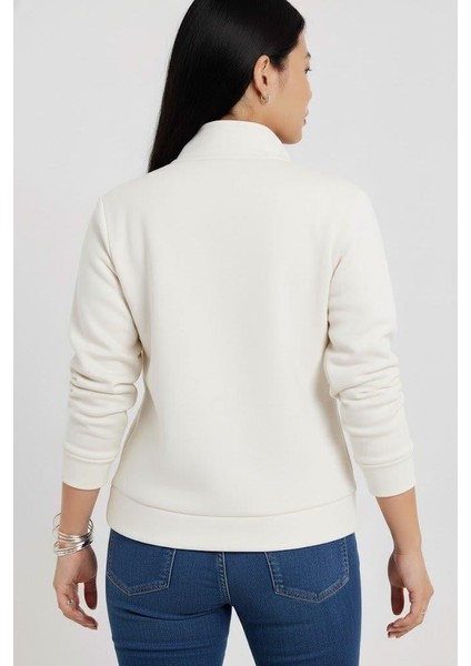 Kadın 3 Iplik Şardonlu Yarım Fermuarlı Krem Sweatshirt – Içi Pamuklu Kalın Kumaş, Tam Kalıp Rahat Model modelleri