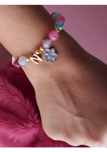 Akik ve Kristal Kuvars Doğal Taşlı, Harf ve Pati Charmlı Kadın Bileklik