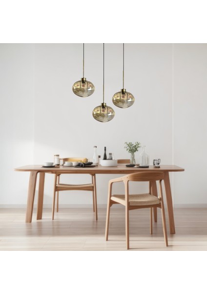 Üçlü Solvia Cam Bal Rengi Yuvarlak Caka Avize Ince Eskitme Başlık Sarkıt Lamba Salon Aydınlatma