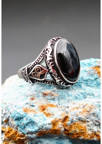 925 Ayar Gümüş Erkek Oltu Taşı Yüzük SY00092