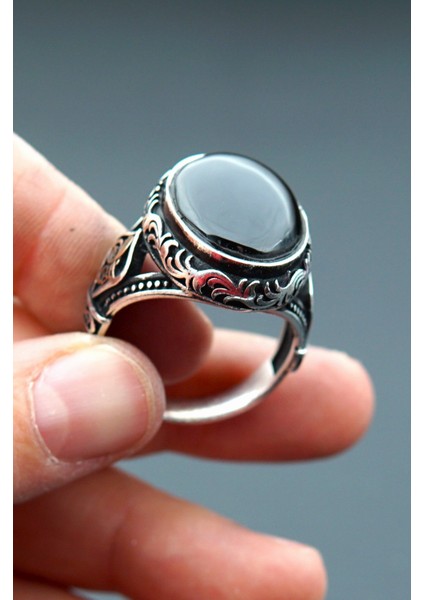 925 Ayar Gümüş Erkek Oltu Taşı Yüzük SY00092 fırsatları