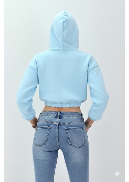 Kadın Neon Christian Drop Yazılı Kapüşonlu Crop Kesim Mavi Sweatshirt Nakış Işlemeli modelleri