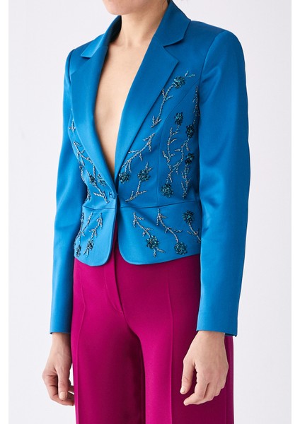 Taş İşlemeli Kadın Ceket Petrol-Mavi K1816011_291