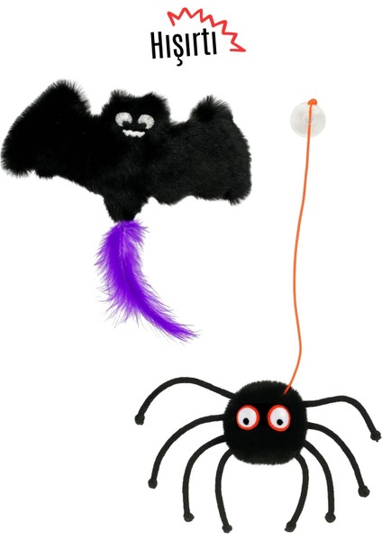 Cadılar Bayramı Temalı Kedi Oyuncak Seti 2'li | Hışırtılı Peluş Yarasa ve Çıngırak Sesli Örümcek Kedi Oltası