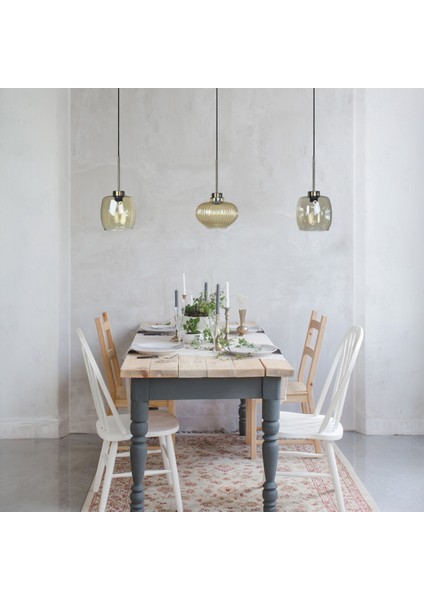 Üçlü Lunex Cam Bal Rengi Avize Ince Eskitme Başlık Sarkıt Yemek Masası Üstü Iç Mekan Cafe Otel