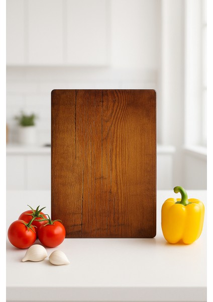 Eski Ahşap Desenli Cam Kesme Tahtası, Kesme Tablası Kenarları Oval, Antibakteriyal, Sunum Tahtası