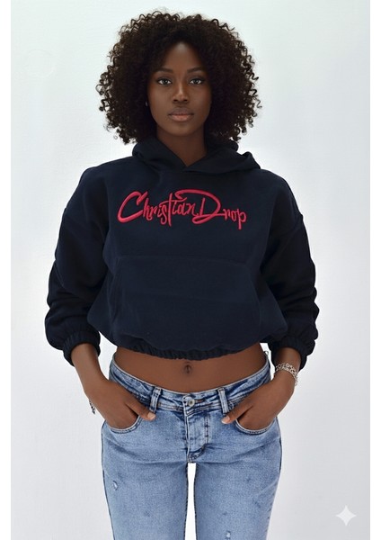 Kadın Neon Christian Drop Yazılı Kapüşonlu Crop Kesim Lacivert Sweatshirt Nakış Işlemeli