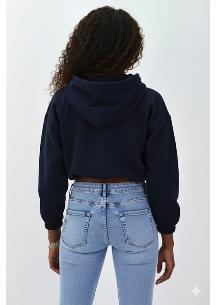 Kadın Neon Christian Drop Yazılı Kapüşonlu Crop Kesim Lacivert Sweatshirt Nakış Işlemeli modelleri