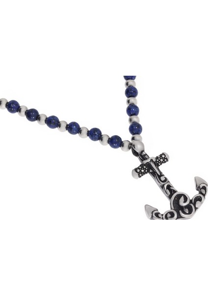 Erkek Çapa Model Lacivert Boncuk Detay Çelik Kolye