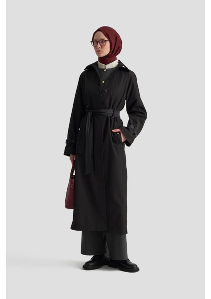 Parlak Garnili Pardesü 25K8507 Siyah