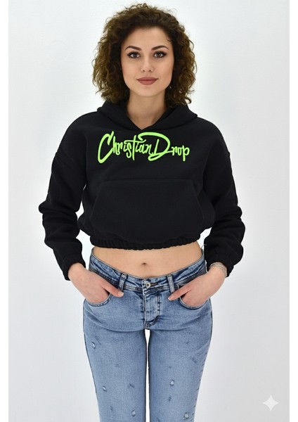 Kadın Neon Christian Drop Yazılı Kapüşonlu Crop Kesim Siyah Sweatshirt Nakış Işlemeli