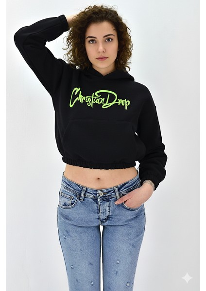 Kadın Neon Christian Drop Yazılı Kapüşonlu Crop Kesim Siyah Sweatshirt Nakış Işlemeli fiyatları