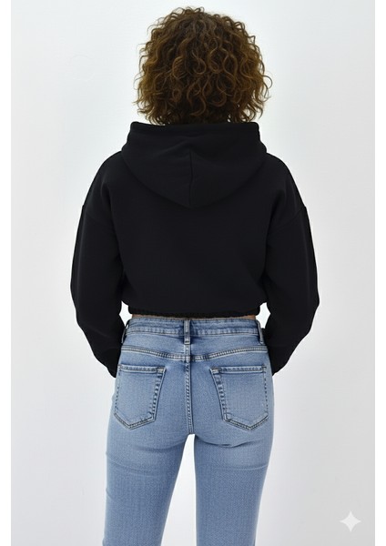 Kadın Neon Christian Drop Yazılı Kapüşonlu Crop Kesim Siyah Sweatshirt Nakış Işlemeli modelleri