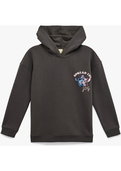 Stitch Lisanslı Baskılı Uzun Kollu Kapüşonlu Oversize Sweatshirt