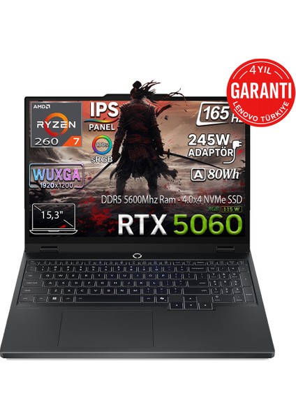 Legion 5 15AHP10 Amd Ryzen 7 260 24GB 1TB SSD RTX 5060 8GB (115W) Freedos 15.3" 165Hz Wuxga IPS Panel Taşınabilir Bilgisayar 83M00070TR