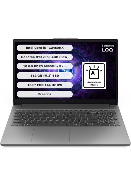 LOQ 15IAX9E Intel Core I5 12450HX 16GB 512GB SSD RTX2050 Freedos 15.6'' Fhd Taşınabilir Bilgisayar 83LK008HTR