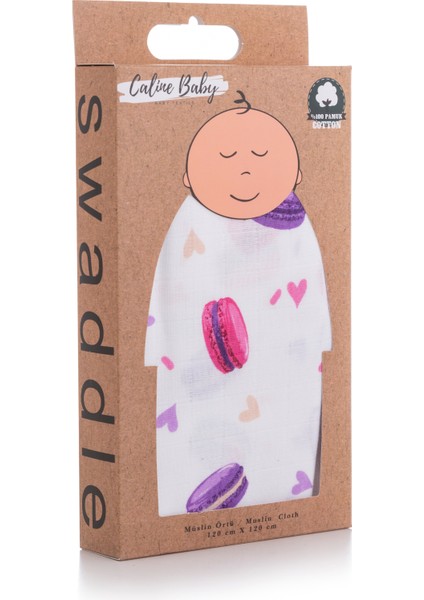 %100 Pamuk Premium & Hafif Müslin Bezi Örtüsü I 120X120 cm I Mor I Makaron Desenli & 4 Adet Ağız Mendili 27X27CM