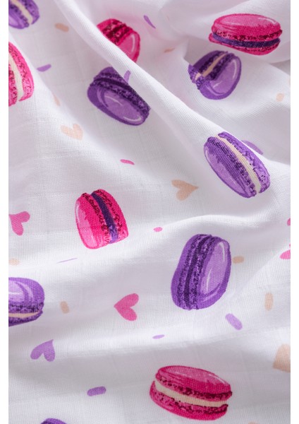 %100 Pamuk Premium & Hafif Müslin Bezi Örtüsü I 120X120 cm I Mor I Makaron Desenli & 4 Adet Ağız Mendili 27X27CM fiyatları