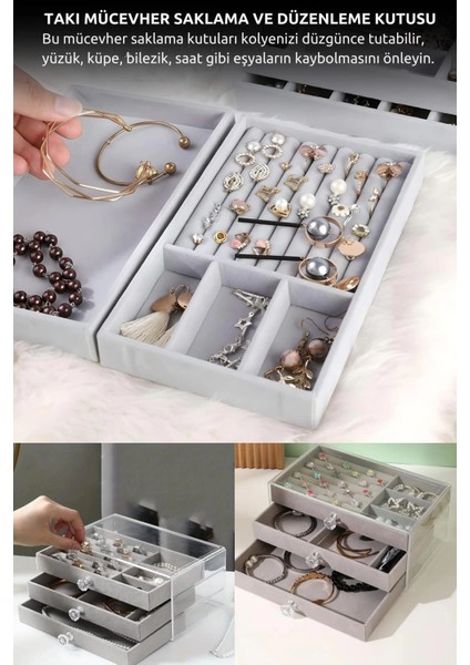 Modern Gri 3 Çekmeceli Takı Bijuteri Mücevher Kutusu Organizer Düzenleyici Şeffaf 13 x 23 x 10 cm fırsatları