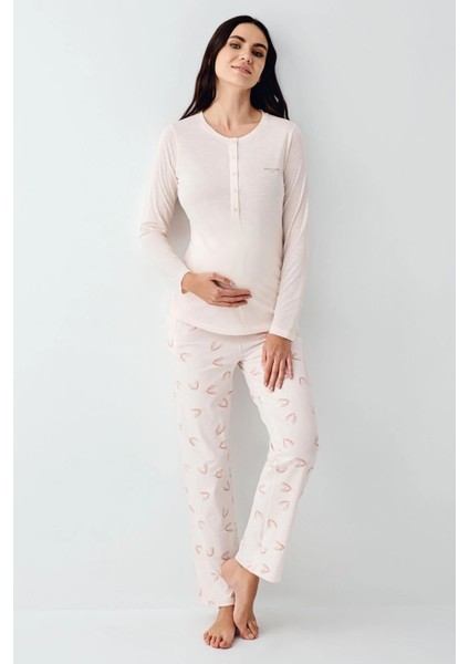 9066 Hamile Lohusa Düğmeli Bisiklet Yaka Pijama Takımı-Tozpembe