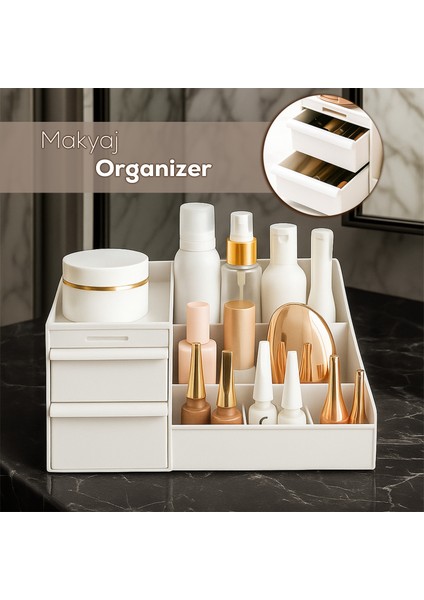 5303 Çok Amaçlı Organizer 2 Çekmeceli Kozmetik Parfüm Krem Takı Makyaj Düzenleyici Beyaz modelleri