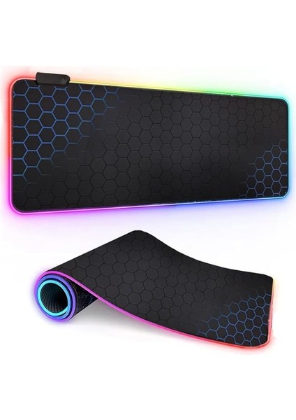 Büyük Oyuncu Rgb Mousepad ve Klavye Pad Mavi Altıgen Desenli Blue Hex Tasarım Işıklı 70CM x 30CM Mouse Pad