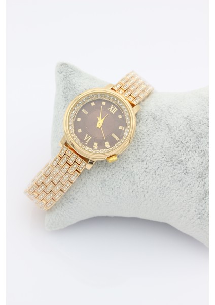 Stil Incisi Gold Luxury Watch, Siyah Zirkon Taşlı Çelik Saat