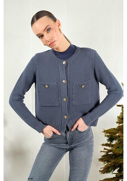 Kadın Bisiklet Yaka Dokulu Cepli Füme Hırka