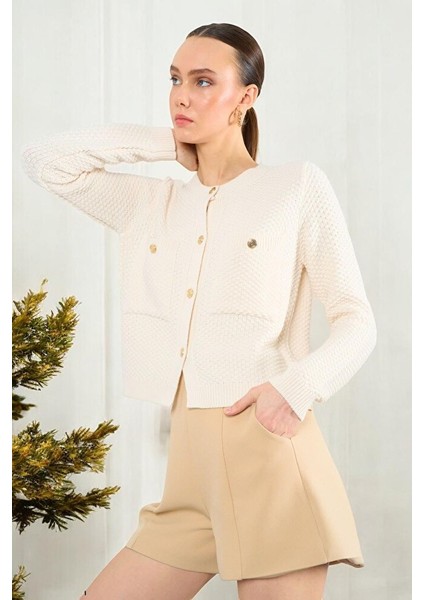 Kadın Bisiklet Yaka Dokulu Cepli Füme Hırka