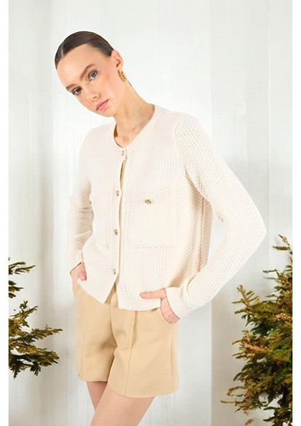 Kadın Bisiklet Yaka Dokulu Cepli Füme Hırka