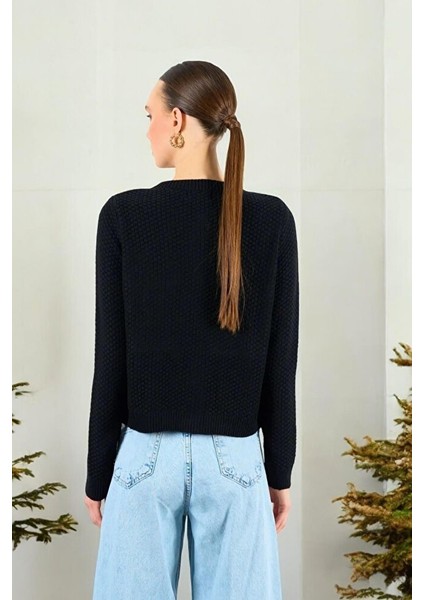 Kadın Bisiklet Yaka Dokulu Cepli Füme Hırka