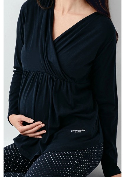 9094 Hamile Lohusa Uzun Kollu Kruvaze Yaka Pijama Takımı-Lacivert fiyatları