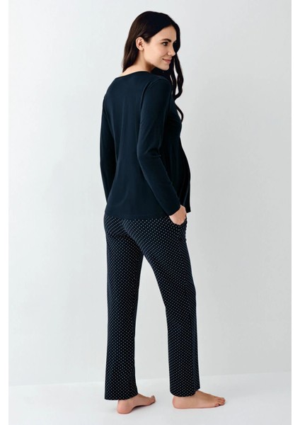 9094 Hamile Lohusa Uzun Kollu Kruvaze Yaka Pijama Takımı-Lacivert modelleri