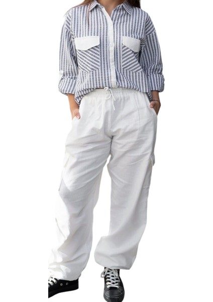 Kız Çocuk Oversize Kapak Cep Model Indigo Çizgili Katmalalı Kol Gömlek Pantolon Takımı